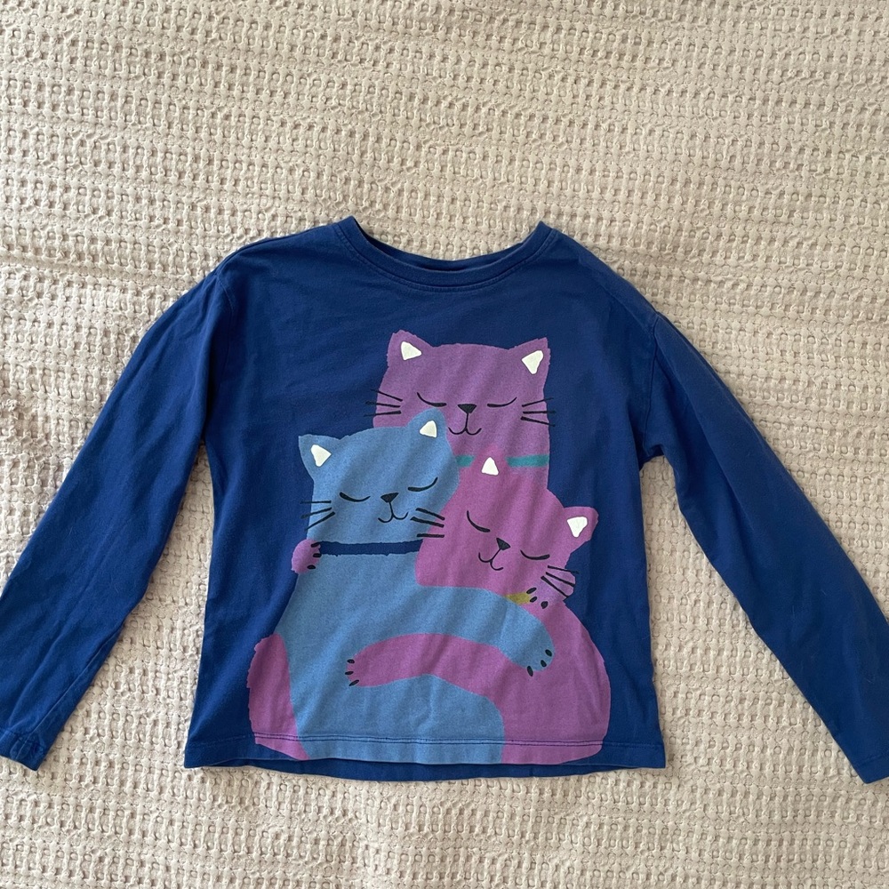Hanna Andersson Girls Blue Cat Graphic Long Sleeve Shirt Size 8